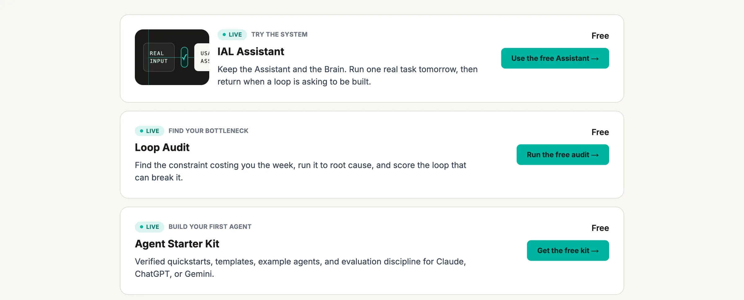 AIntrepreneurial list of free tools: IAL Assistant, Loop Audit and Agent Starter Kit.