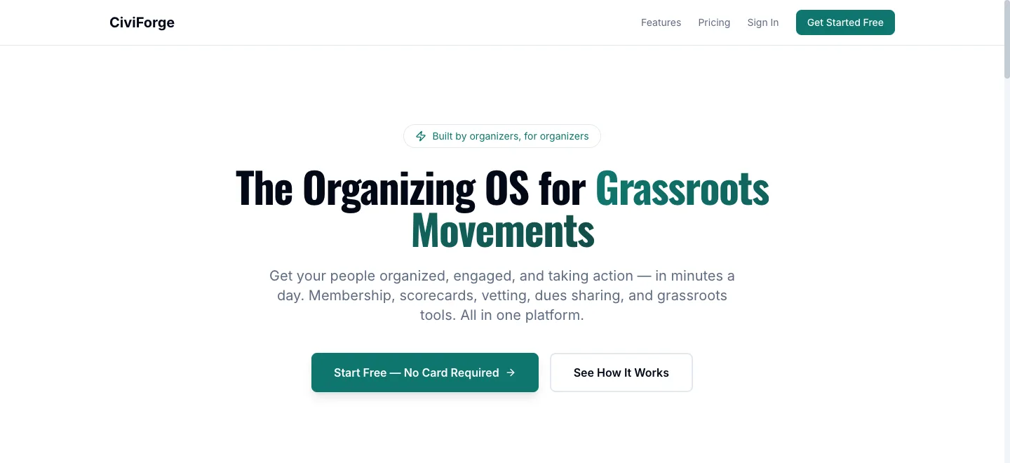 CiviForge home page: The Organizing OS for Grassroots Movements.
