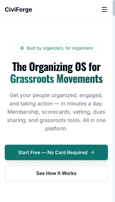 CiviForge home page on a phone.