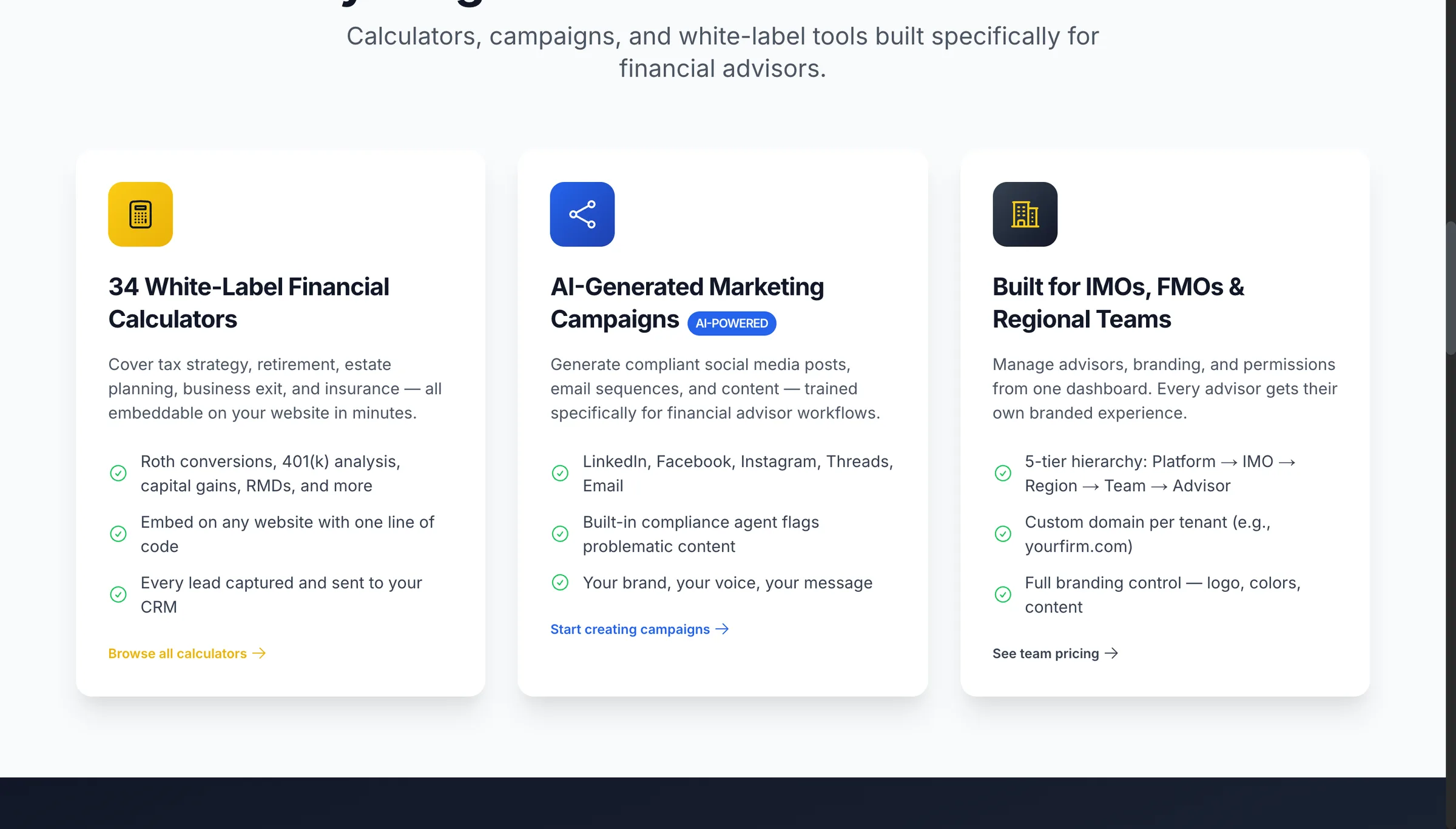 Elite Advisor Tools feature cards: calculators, AI campaigns and team tools.