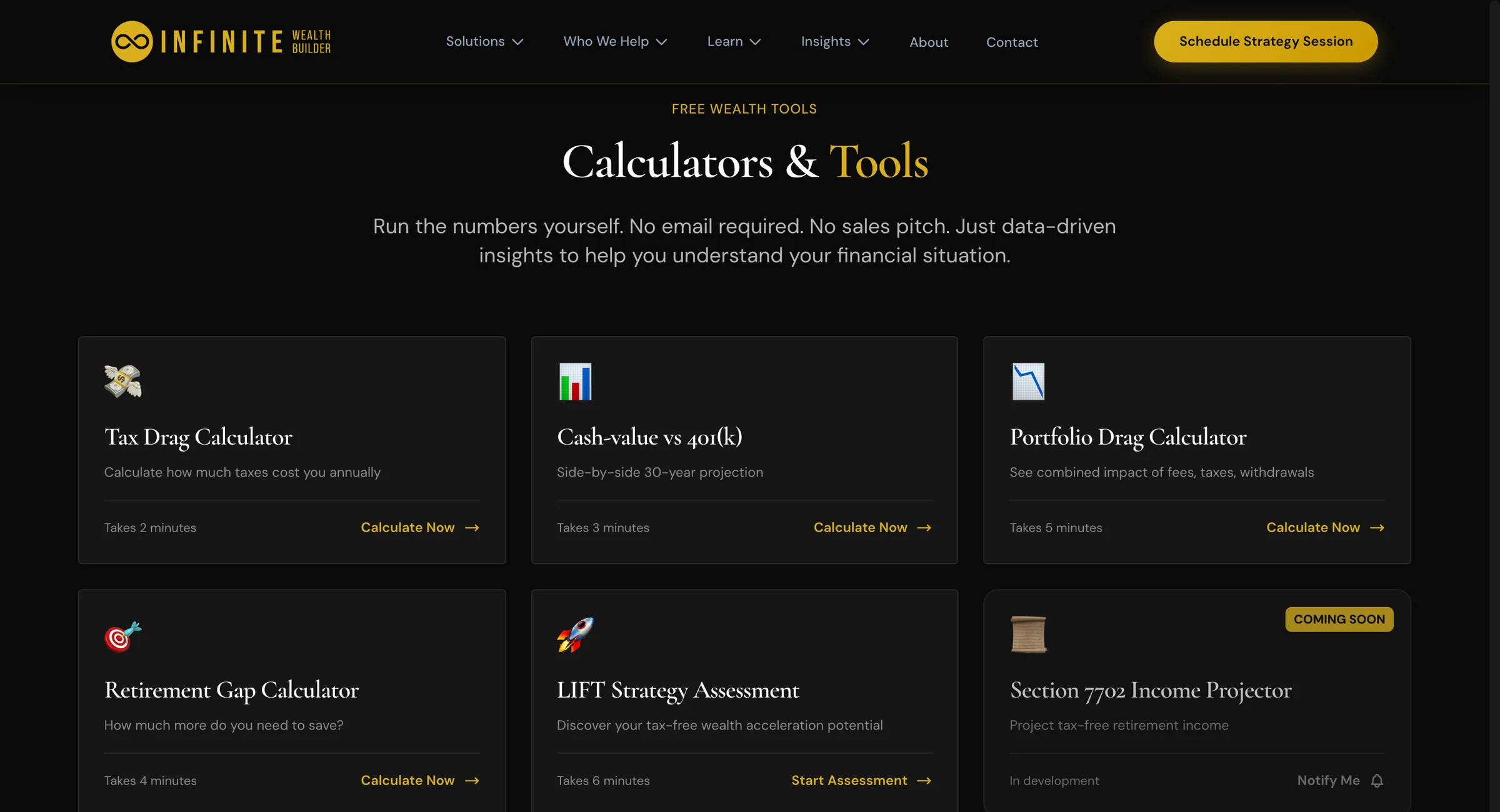 Infinite Wealth Builder calculators and tools page.